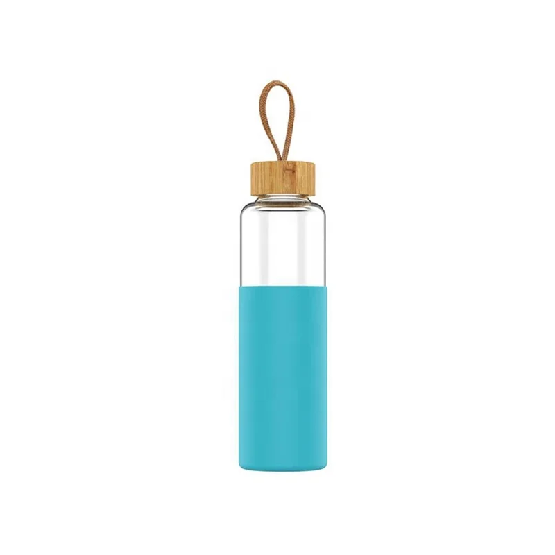 Bamboo lid silicone sleeve eco friendly portable 550ml travel durable borosilicate drinking sports cup glass water bottle