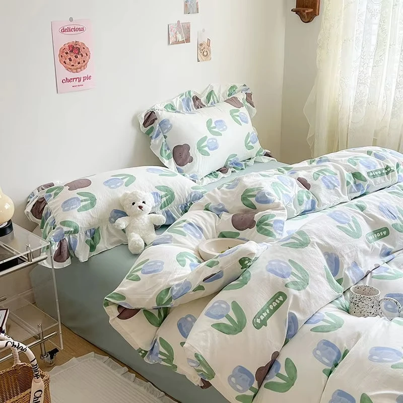 Pastoral Style Floral Bedding Set For Girls Double Size Flat Sheet Duvet Cover and Pillowcase Soft Bed Linen Home Textiles