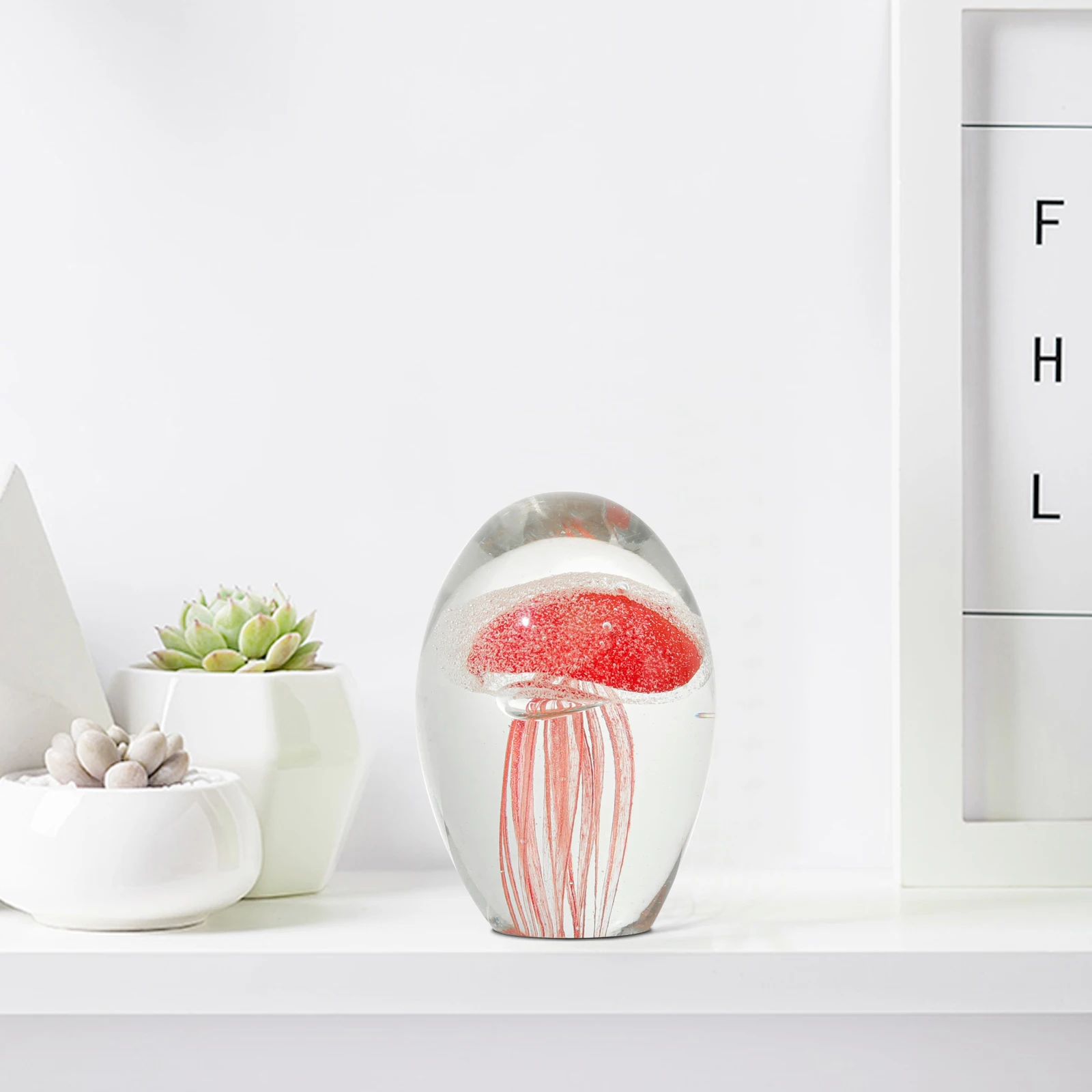 Handmade Paperweight  Blown Glass Crystal Jellyfish Art Statue for Desk & Fish Tank Ornament Home Decor