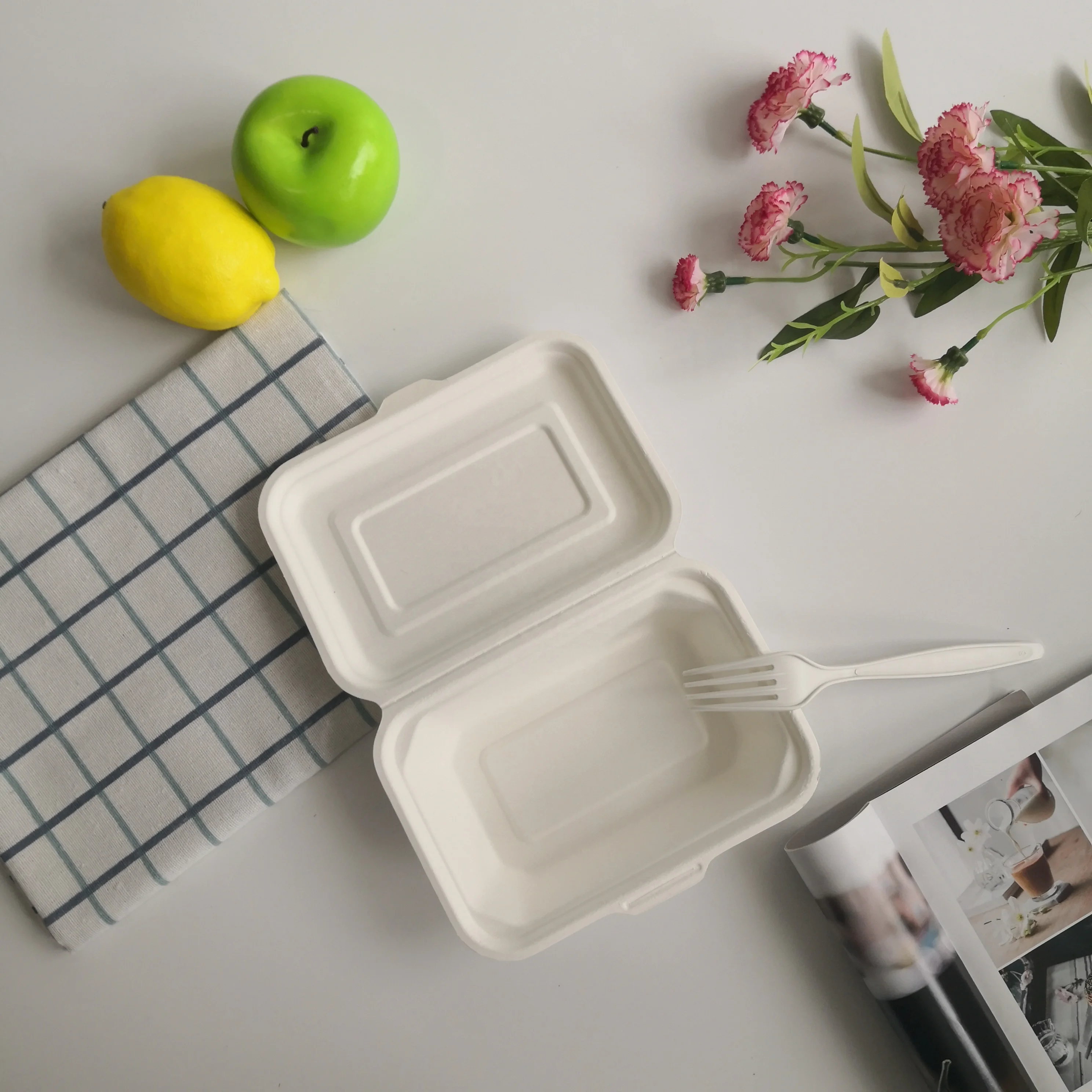 Customizable Food Packaging Container Sugar Cane Compostable Eco Friendly Lunch Box Take Away Moulded Noodle Box