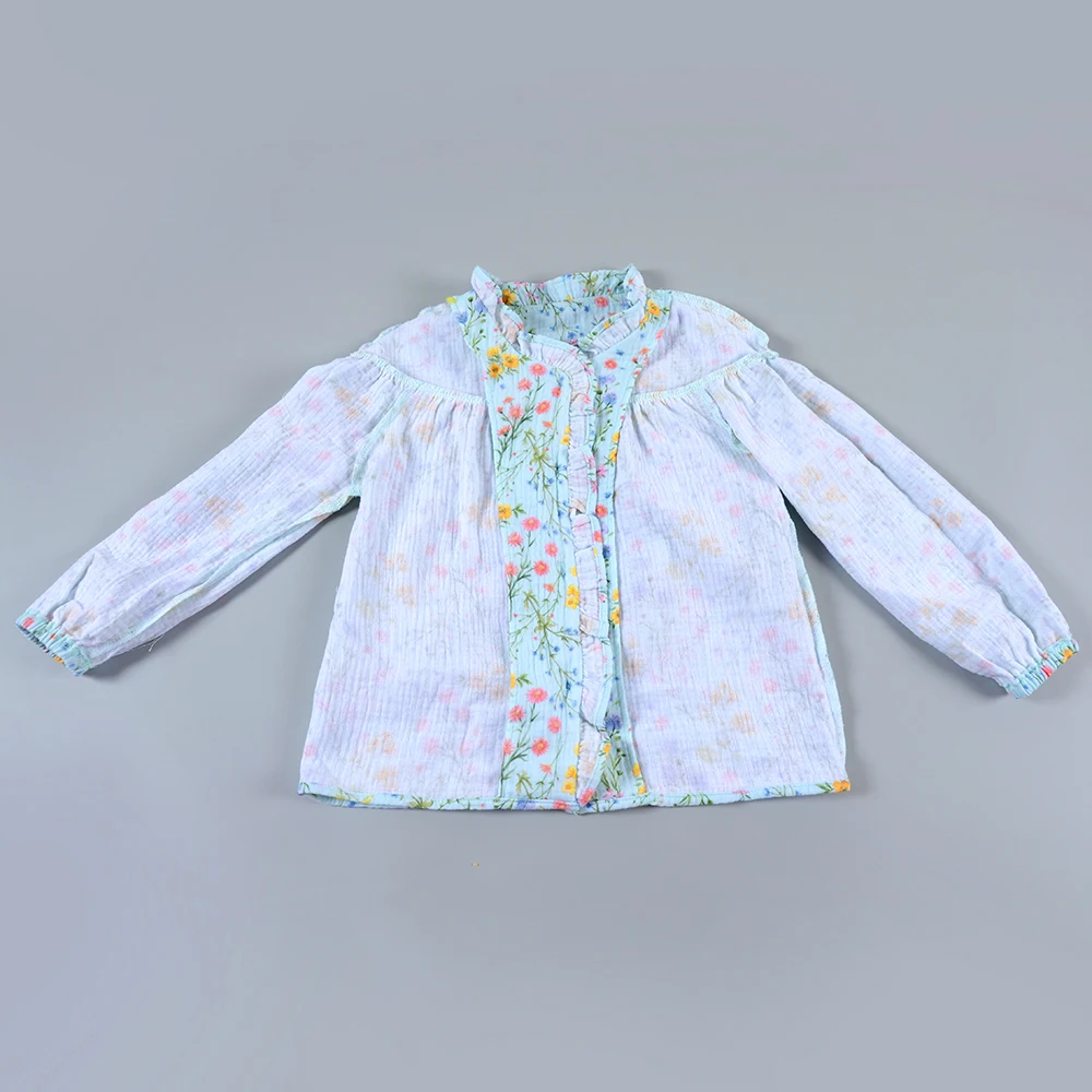 New Material Muslin Cotton Long Sleeves Floral Button Up Shirts Blouses for Toddler Girls Tops Shirts Clothing