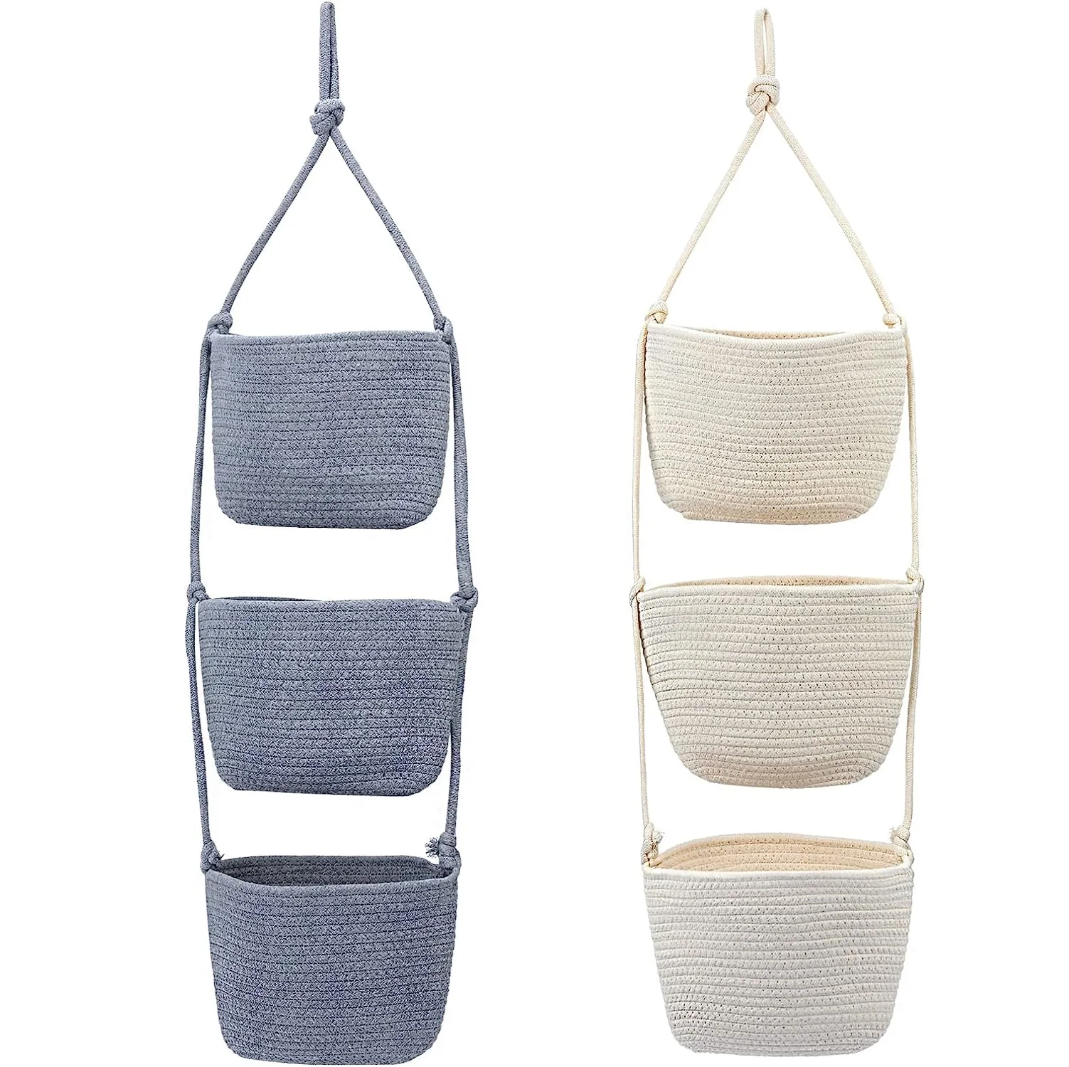 3 Tier Wall Hanging Basket Flower Pot Plastic Soft Flowerpot Jute Woven Cotton Rope Storage Baskets
