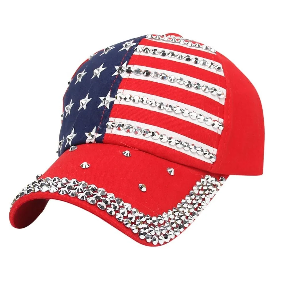 New Design Rhinestone America Flag Hat Casual Diamond USA Baseball Hat