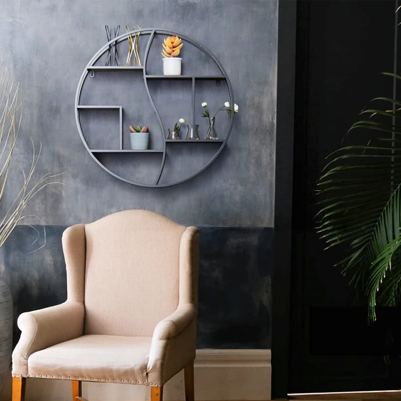 Wood and Metal Hanging Decorative Tiered kitchen  rack  wall floating wire circle wall shelf