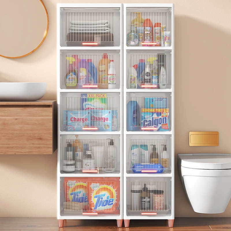 Multi-functional save space plastic storage cabinet pull out storage rack for kitchen bathroom living room