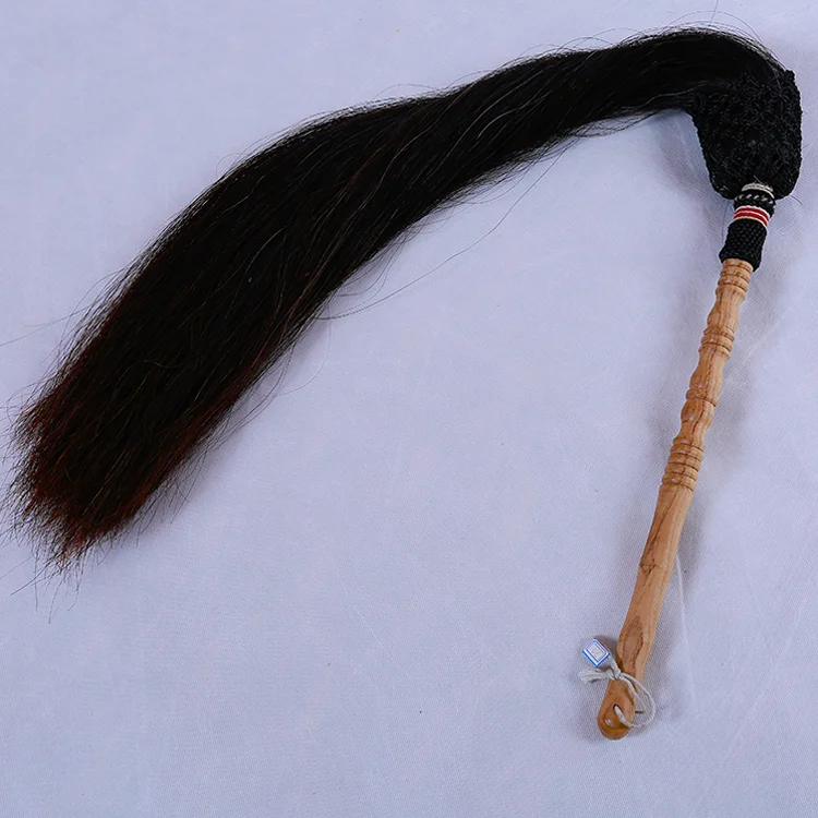 Peach Wooden Handle White And Black Horse Tail Hair Tai Chi Fly Whisk