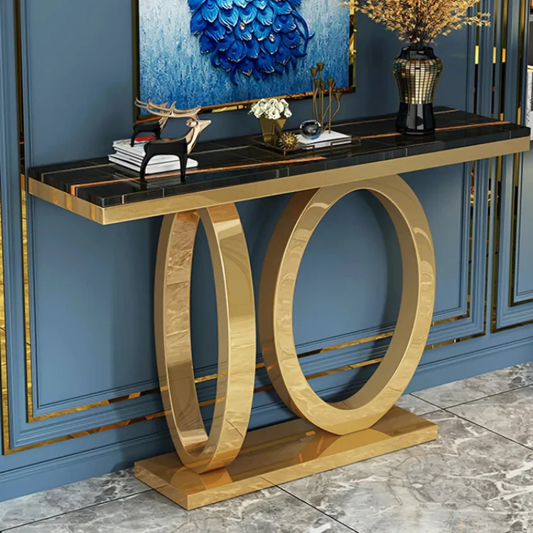 Luxury hotel hall console side table with gold stainless steel leg modern design European  black console in living room