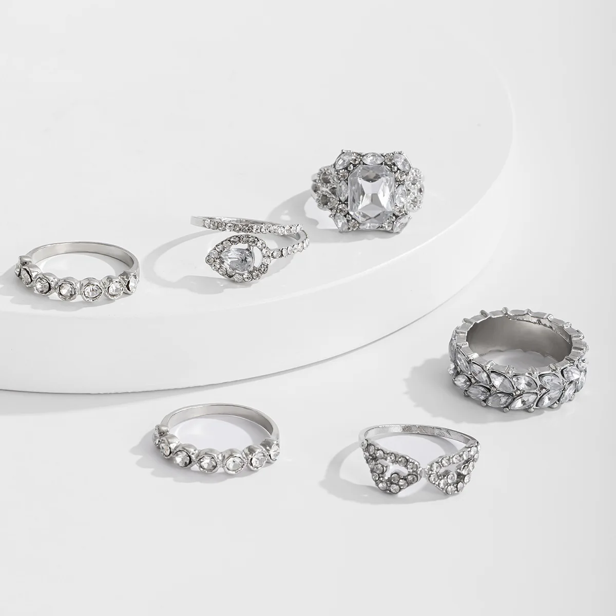  6pcs/set Bohemia Chic Fashion Geometric Waterdrop Crystal Diamond Alloy Finger Ring for Women