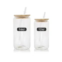 hot sale 16oz sublimation beer soda glass tumbler can shaped frosted clear glass with bamboo lid and straw