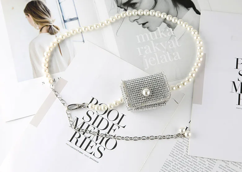 Wholesale decorative ladies women rhinestone waist bag pearl chain belt