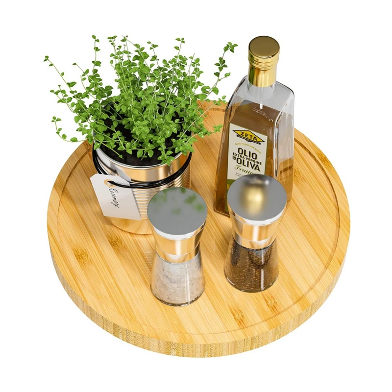 Wooden Round Shape Bamboo 10 Inch Non-Skid Bamboo Turntable Organizer for Salt Pepper