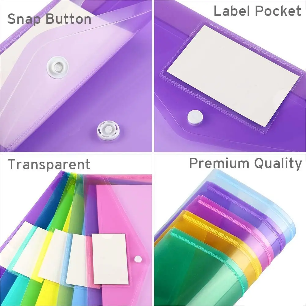 PVC Letter A4 size Plastic File Envelopes with Label Pocket And Button Colorful Clear PP Document Bag For Home Office Organizer