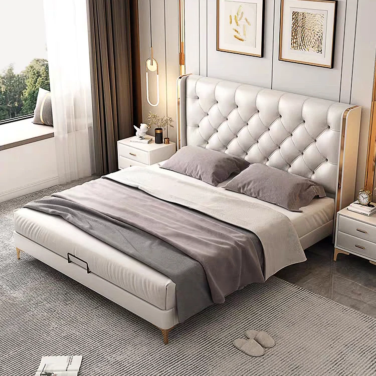 Высококачественные современные двухместные кожаные деревянные кровати роскошные наборы для хранения спальни отель мягкий King Size высокая задняя