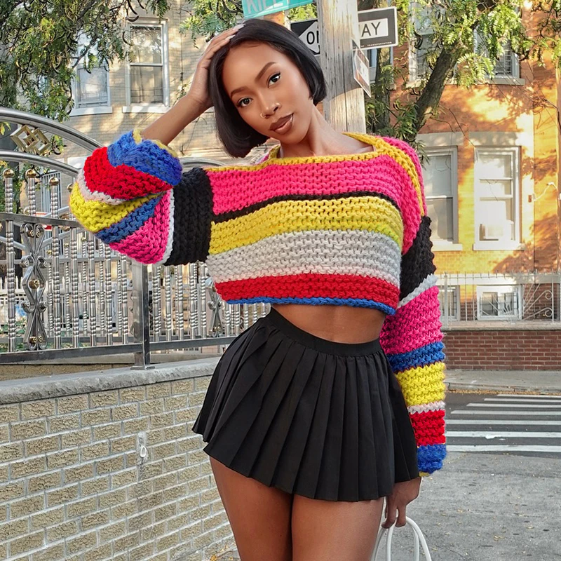 Bomblook D24TP530 2024 Autumn Striped Long Sleeved Rainbow Grid Short Sweater Knitwear Crop Top Wholesale
