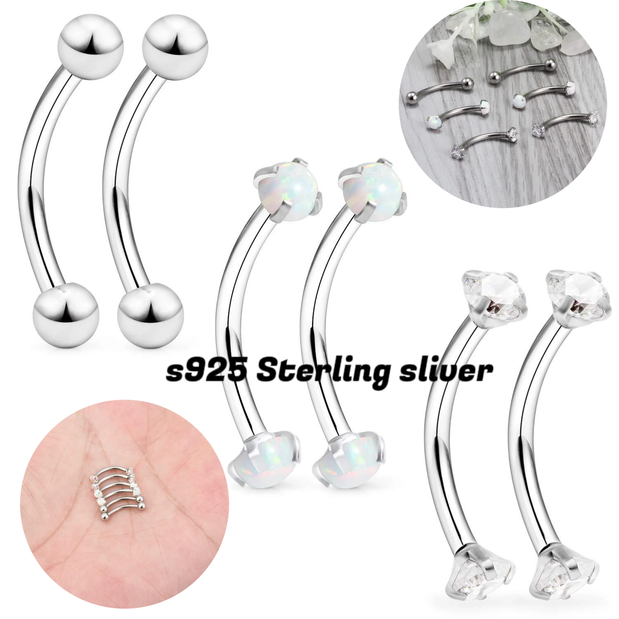 Gaby 2023 trendy 925 silver eyebrow piercing jewelry fashion curved barbell piercing de plata opal pierce jewelry bulk