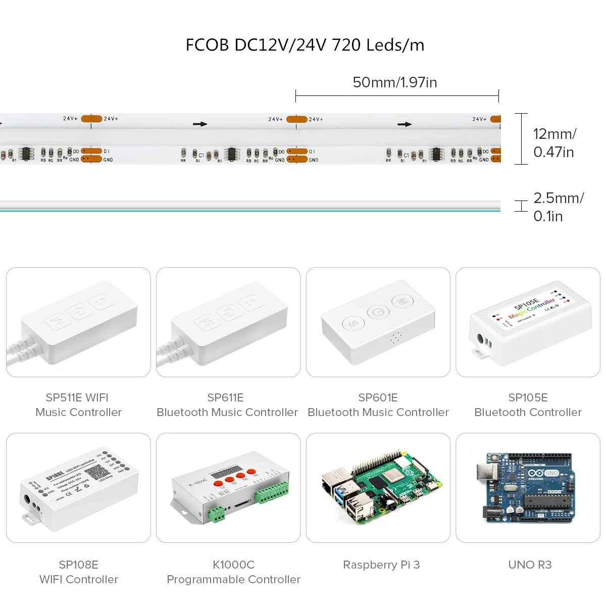 FCOB SPI RGB IC Dream Color DC12V 24V WS2811 адресуемый 12 мм 720 светодиодов RA90 программируемый FOB COB цифровая светодиодная лента