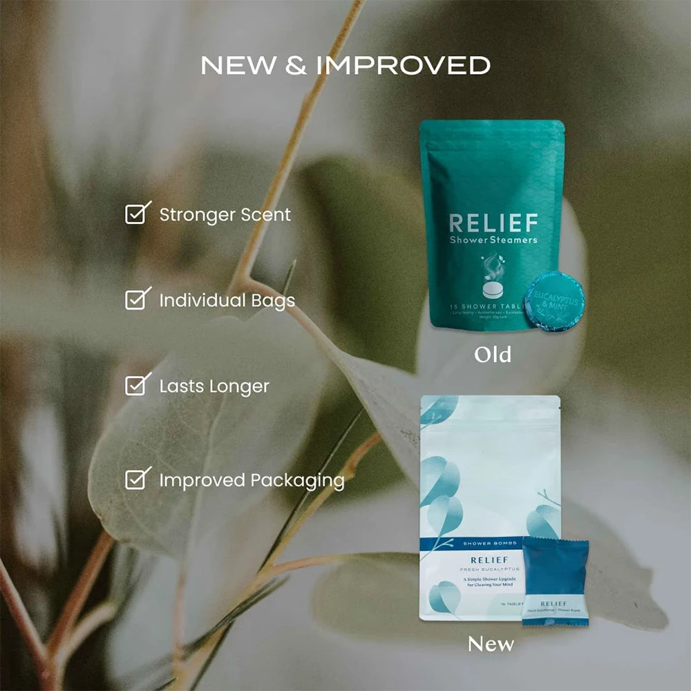 Private Label 15 Pack Standing Pouch Relieve Stress Fresh Eucalyptus Essential Oil Tablet Shower Steamers Aromatherapy