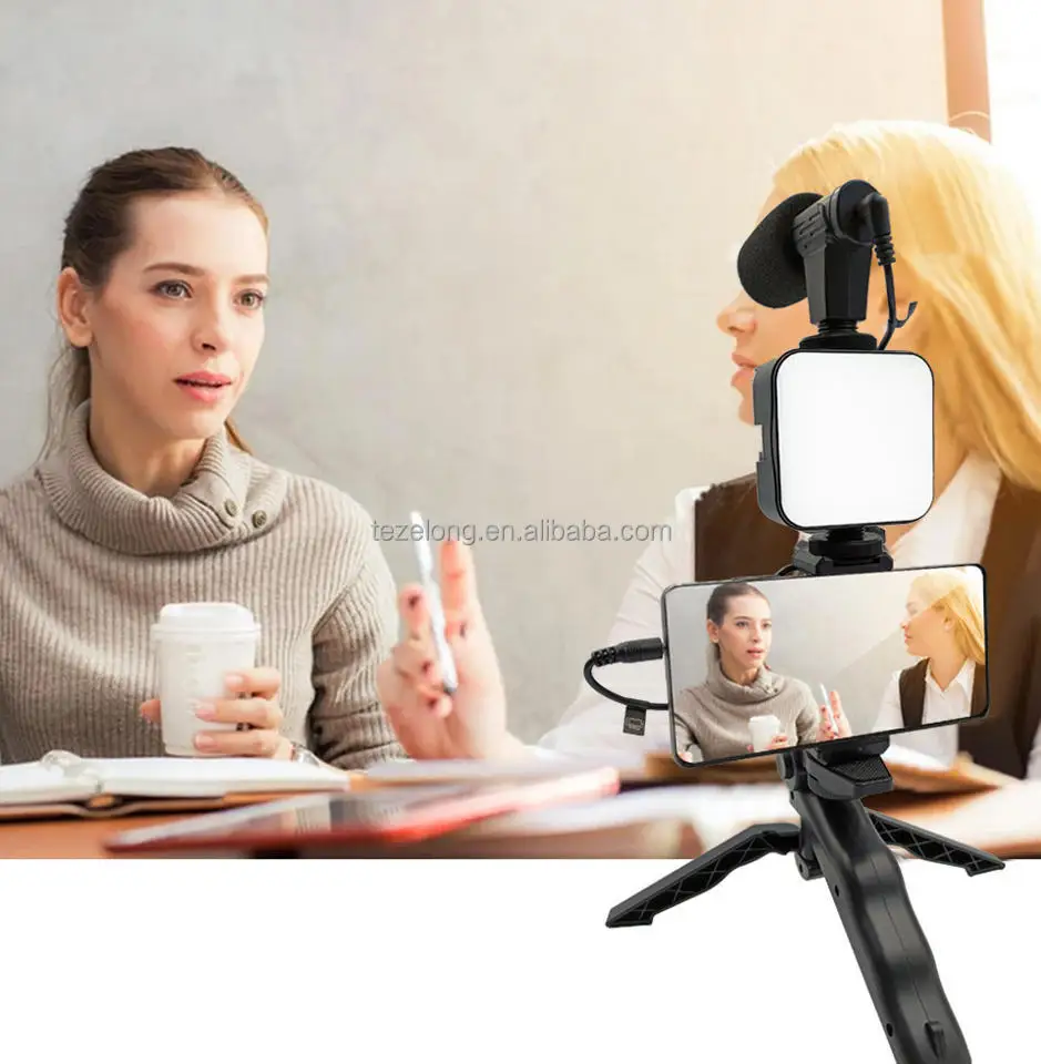 Smartphone Phone Video Kit AY-49 LED Light Microphone Tripod Hands Free Youtube Camera Travel Vlogging Kit