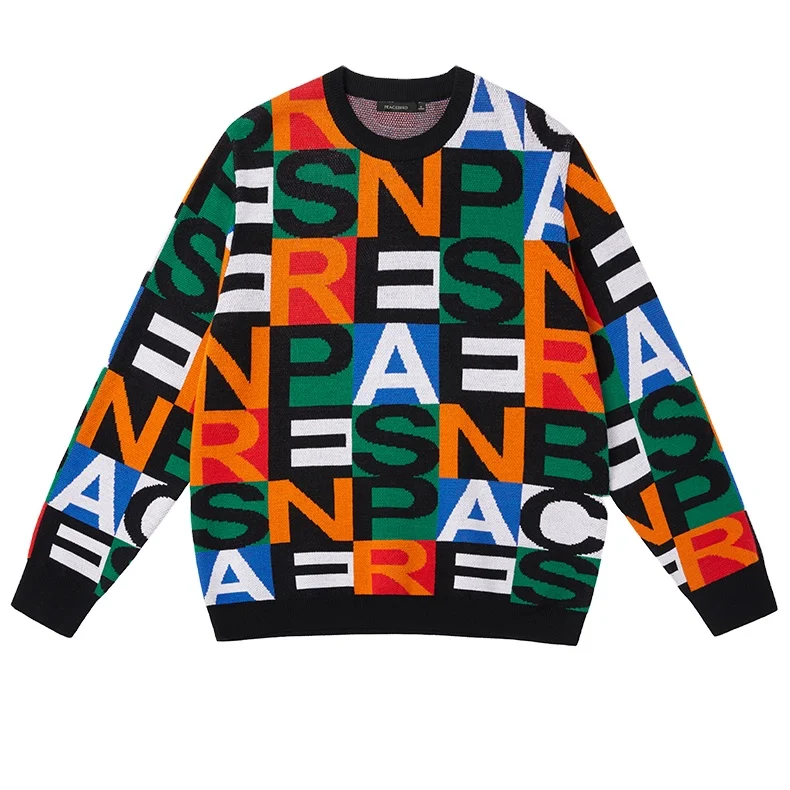 Custom Acrylic Cotton Fashion Printed Jacquard Knitted Jumper Crew Neck Long Sleeve Pullover Mens Custom Knit Sweater