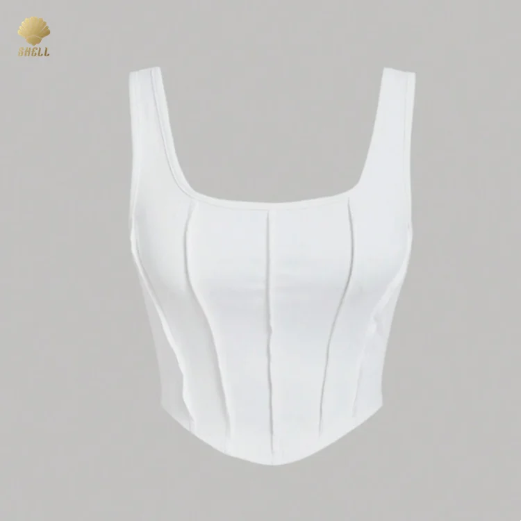 Luluxixiyaya 3D Fish Bone Stitch Roller Line Sleeveless Square Neck Full Back Slim Fit Women Plain Crop Top