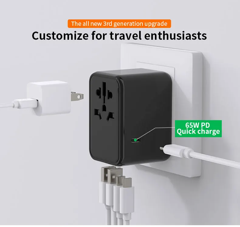 Сетевое зарядное устройство Worldplug GaN, 65 Вт, PD, Сверхбыстрая зарядка, Тип C, выход, универсальный адаптер для путешествий от производителя