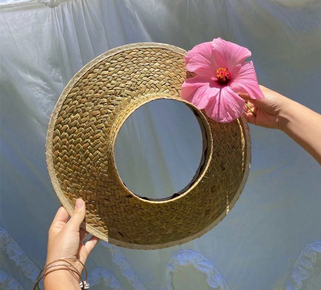Crochet Hand Knitting Round Brim Straw Visor Hawaiian Crownless Sun Hat