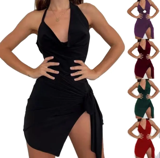 2022 new arrivals New Fashion Dresses Sleeveless Halter Solid Color Side Split Bodycon Mini Dress Women Sexy female clothes