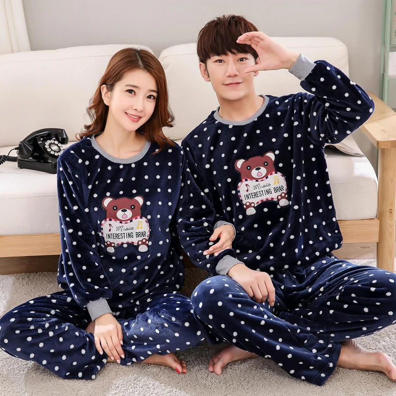 Factory Direct Winter Christmas Sleepwear Lover Sales New Design Long Sleeve Flannel Pajamas Couple Warm