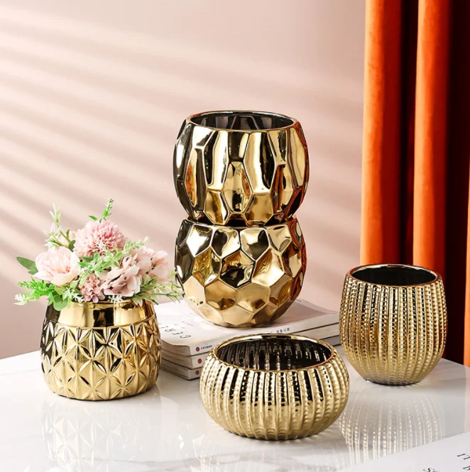 Amazon Hot Gold Plating Ceramic Flower Pots for Desktop