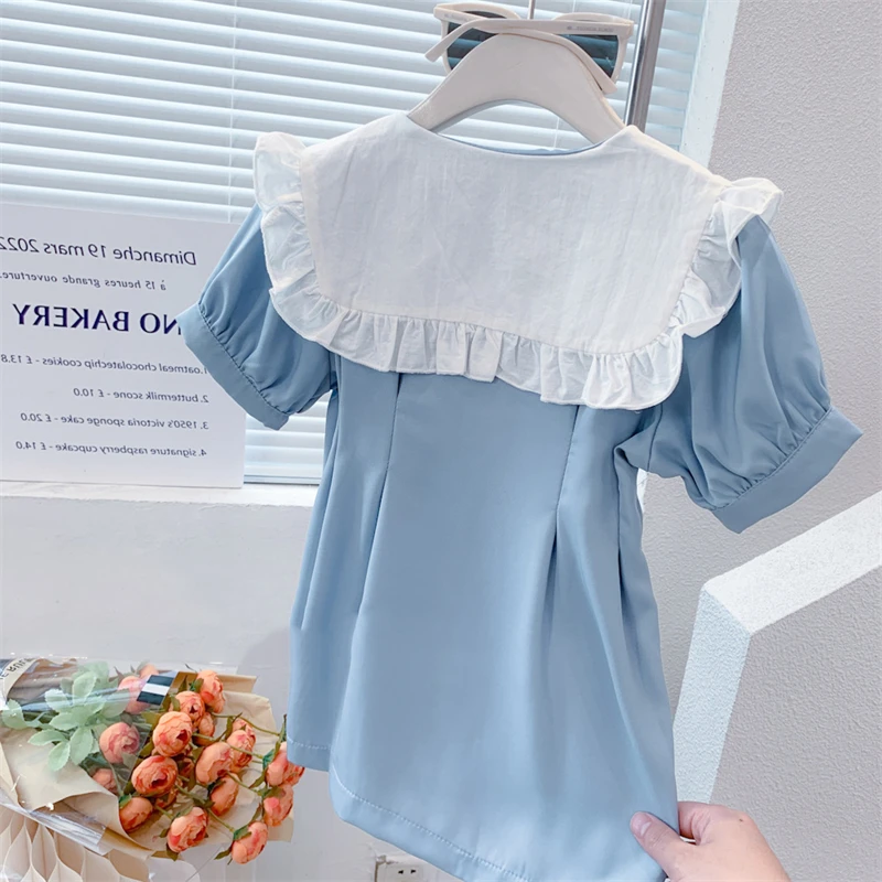 2023 New fashion toddler Girls puff sleeve solid v neck lace up dress Girls sweet princess dress