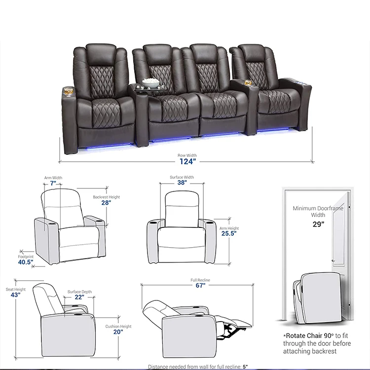 New modern theater furniture movie recliner chair with LED light home theatre power reclining sofa recliner theater seat