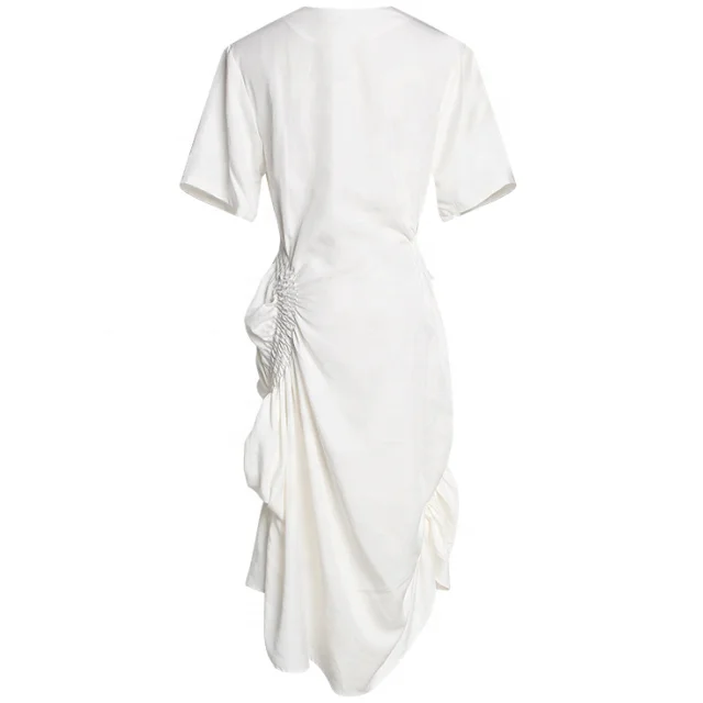 Women Casual Solid White Short Sleeve Wedding Bodycon Pleated Dresses Clothing Lady Elegant Korean Pleated Ruffled Party Dress