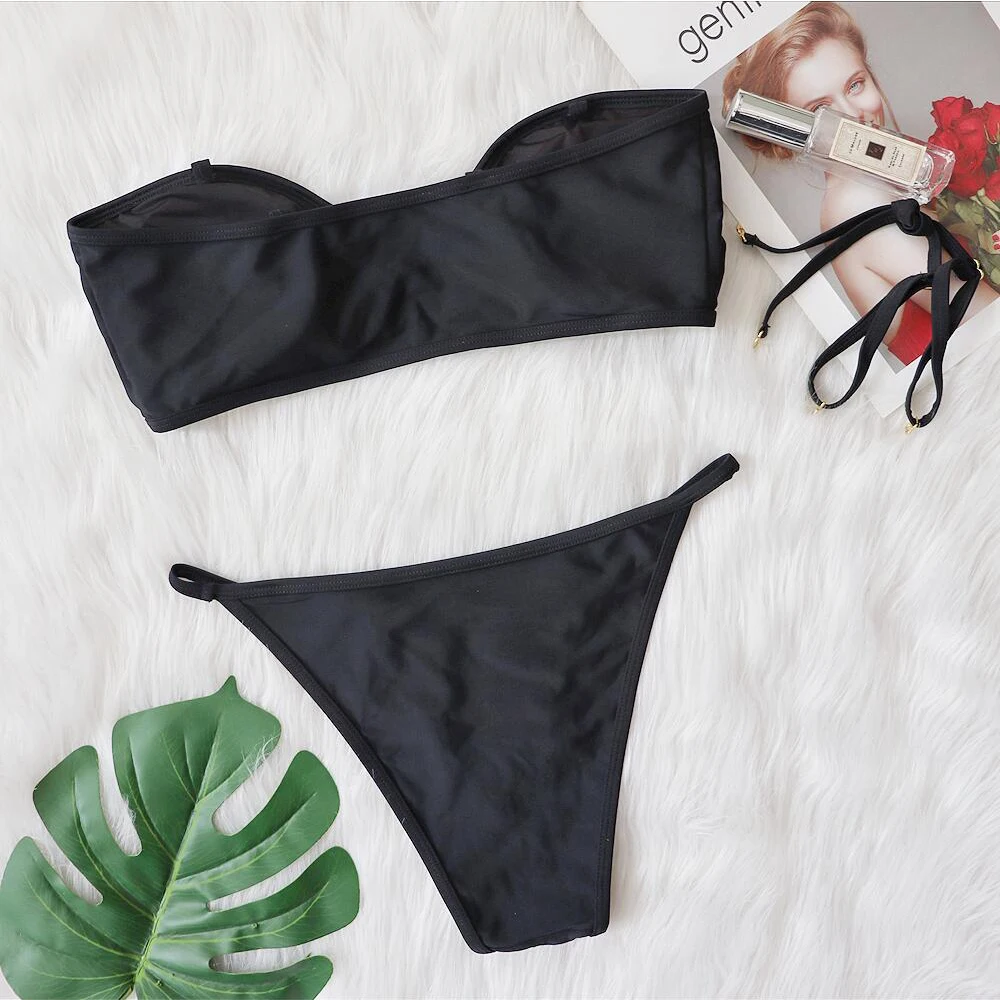 FS Black One Shoulder Metal Pleated Micro Thong Swimsuits Two Piece Hot Fashion Show Sexy Girl Photo Bikini