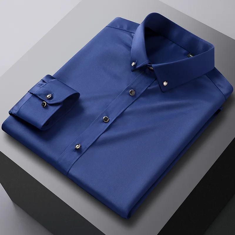 Male Business Casual Slim Fit Dress Shirt Solid Color Long Sleeve Wrinkle Free Luxury Men Silk Satin Shirts