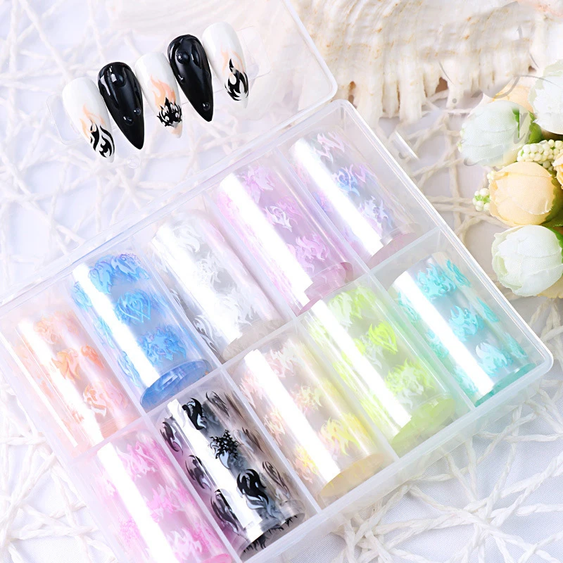 10Pcs/box Stars Lattice Transfer Holographic Charm Women Flowers Butterfly Colorful Celebrity Nail Art Foil Transfer