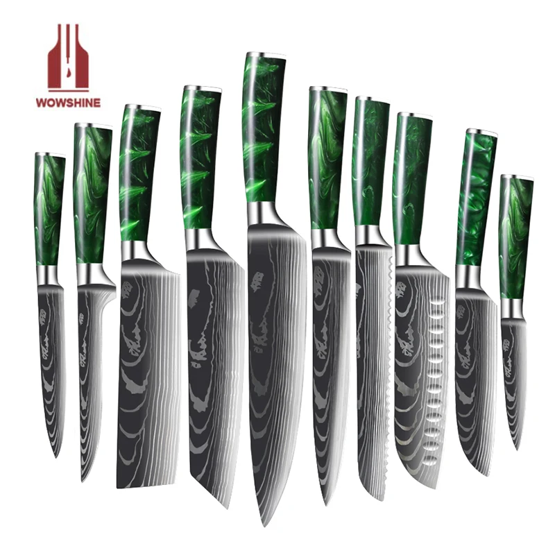 Exquisite Green  resin handle Laser Damascus pattern Chef knife Santoku Cleaver Slicing Knives Set
