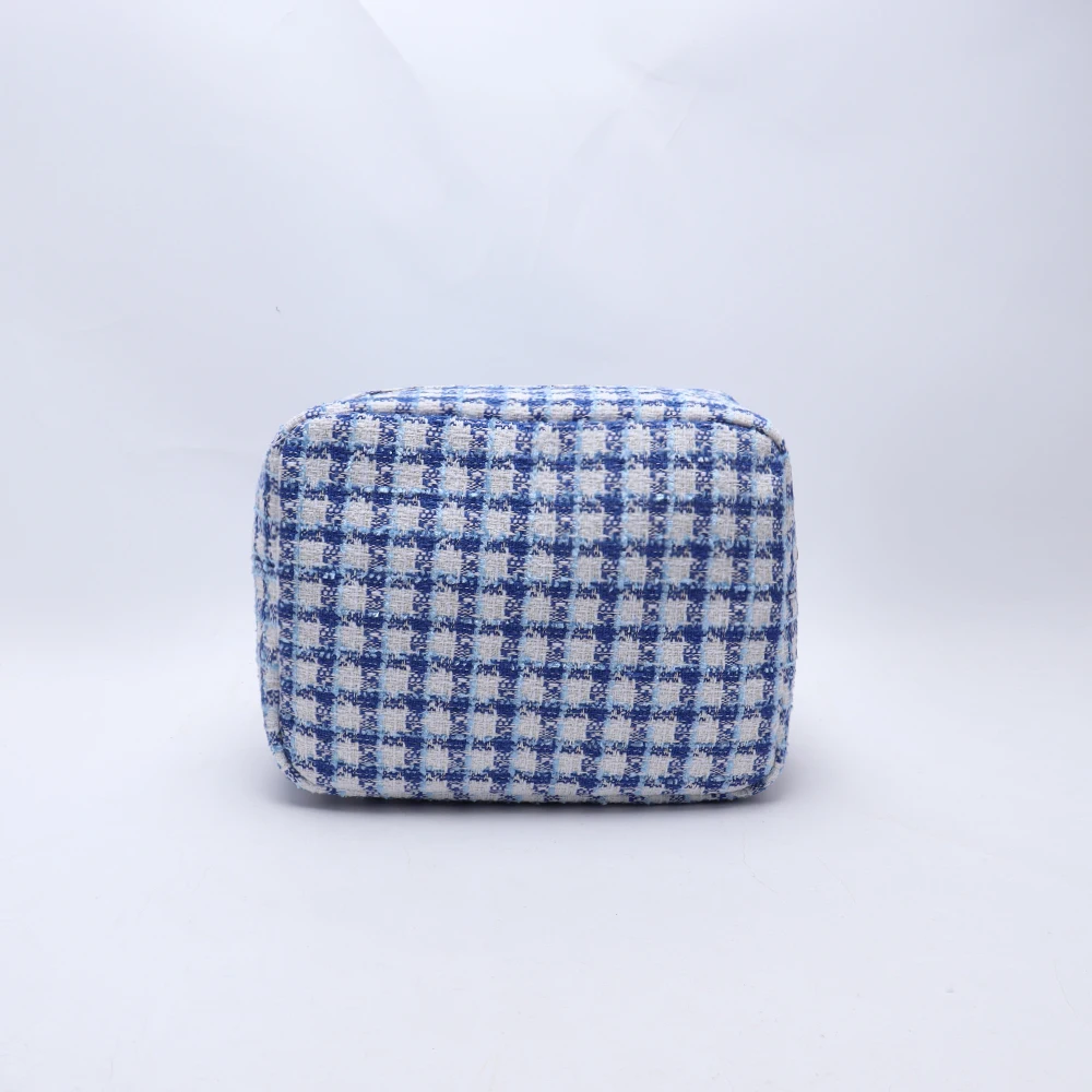 Keymay Stock NO MOQ Premium Tweed cosmetic make up case bag for Ladies Multi Use Pouch Large Capacity Zipper Pouches Custom