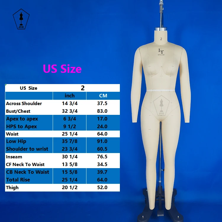 Jasmine female dummy US size 2 dress form Torso manikin with Adjustable Height Stand Clothing Pinable Sewing Mannequin