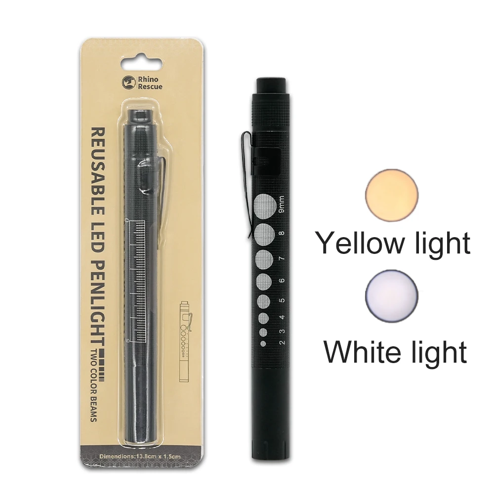 Rhino Rescue LED Penlight Nurse Medical Pen Light With Pupil Gauge and Ruler for Nursing Doctors without Batteries,2 count