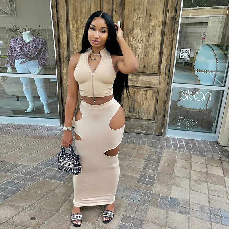 Huan Yi Summer Skinny Solid Grace Club pencil Dresses  ladies Hollow Out mini skirts and dresses