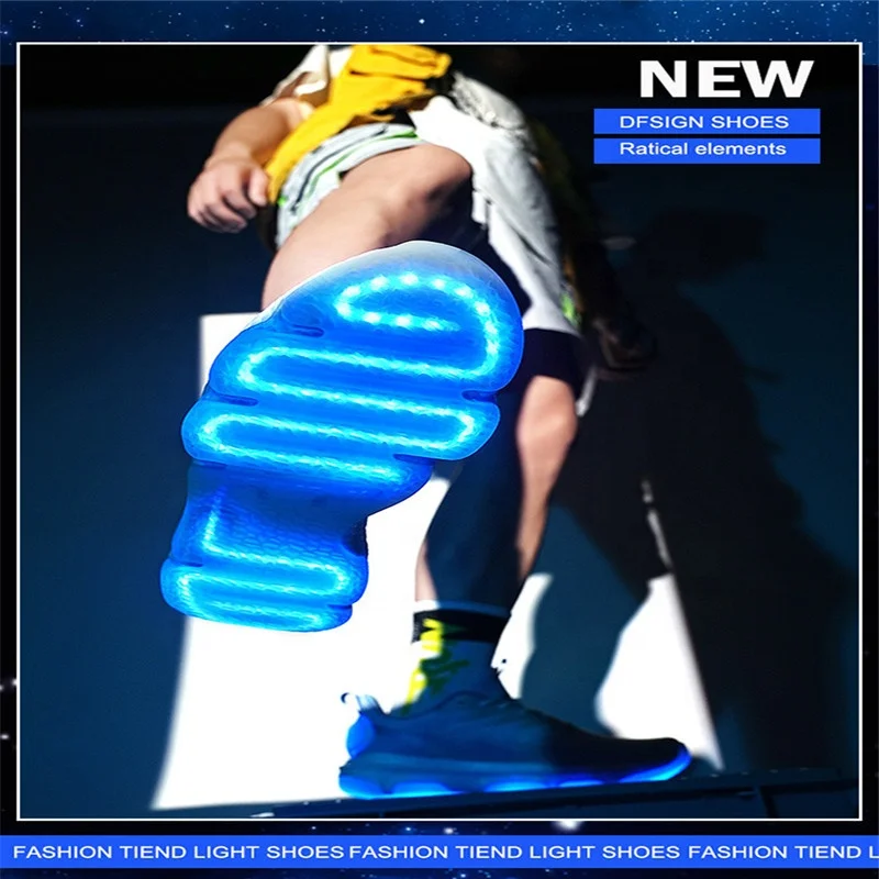 Wholesale fashion flight woven breathable shiny teenage student sneakers rechargeable light-emitting running shoes for kids