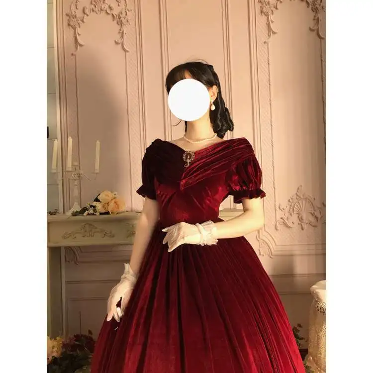 2021 китайское готическое платье Лолита с вырезом лодочкой и высокой талией кружевное платье с пышными рукавами