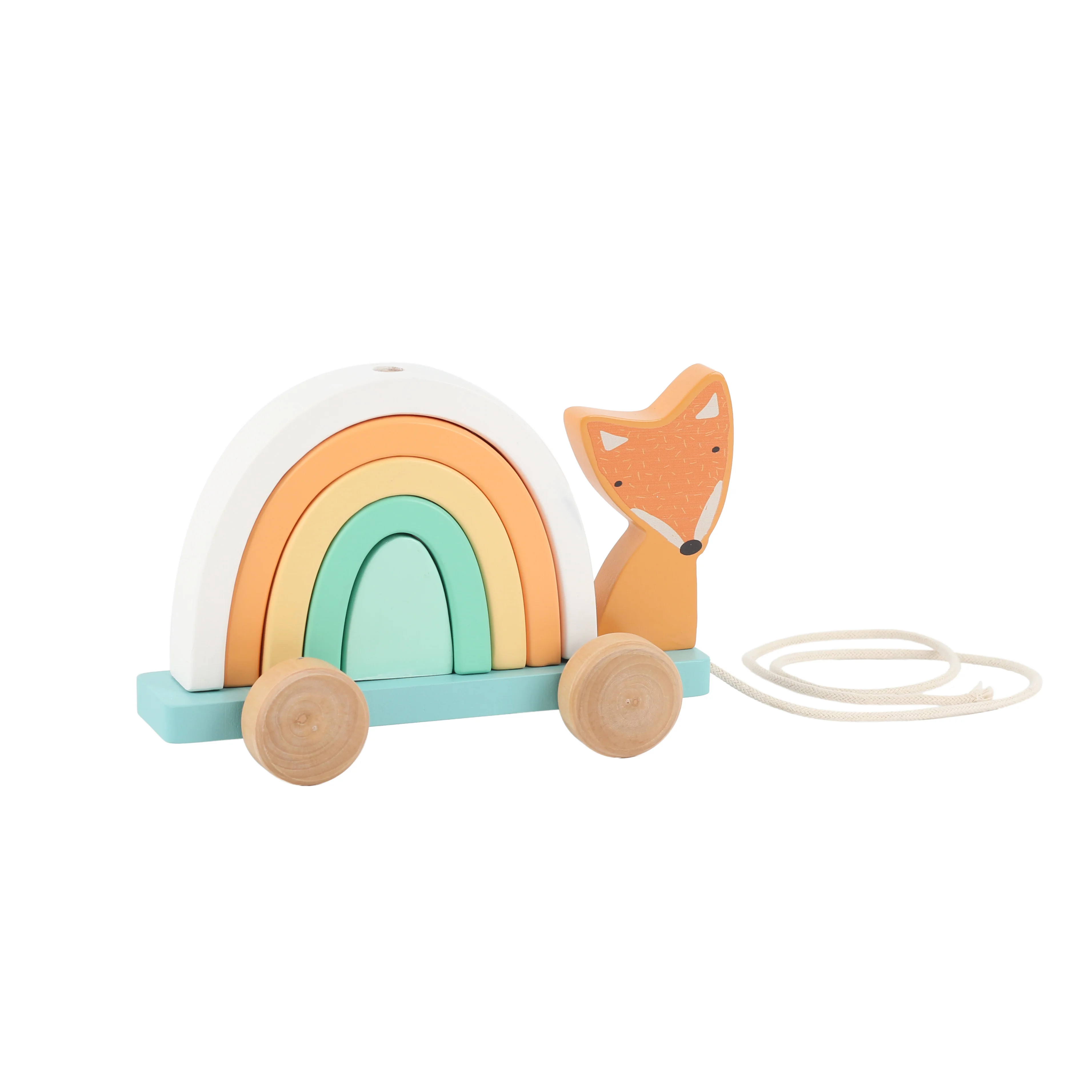 2024 New Rainbow Pull Rope Fox Game Kids Wooden Pull Along Foxs Car Toys