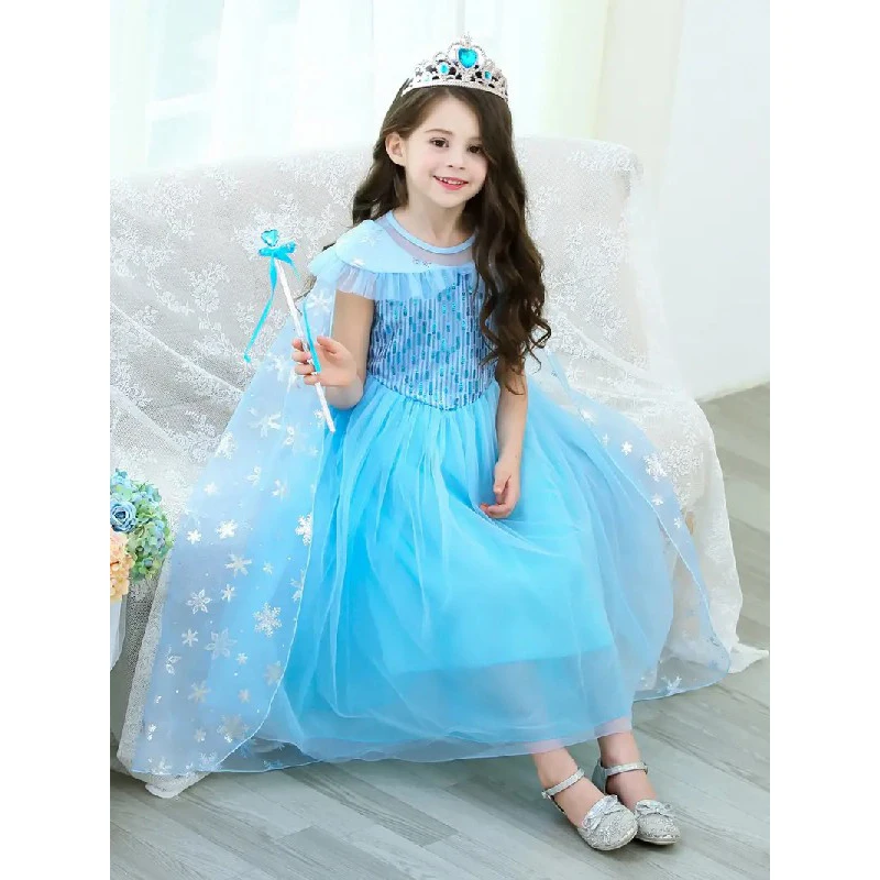 Cosplay Costume with Accessories Birthday Party Dress Up Girls Halloween Elsa Princess Dress with Cape