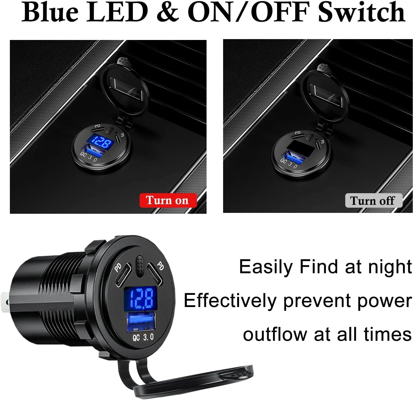 18W QC3.0 USB + Dual 45W PD USB-C Fast Charger with on off switch