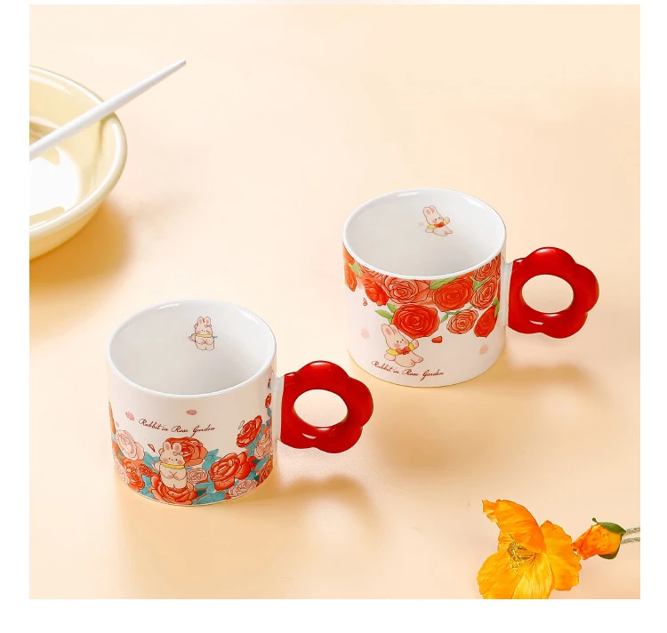 Hot Selling Rose Flower Printing Cute Cup 280ml Ceramic Coffee Mug Gift Giving For Girlfriends