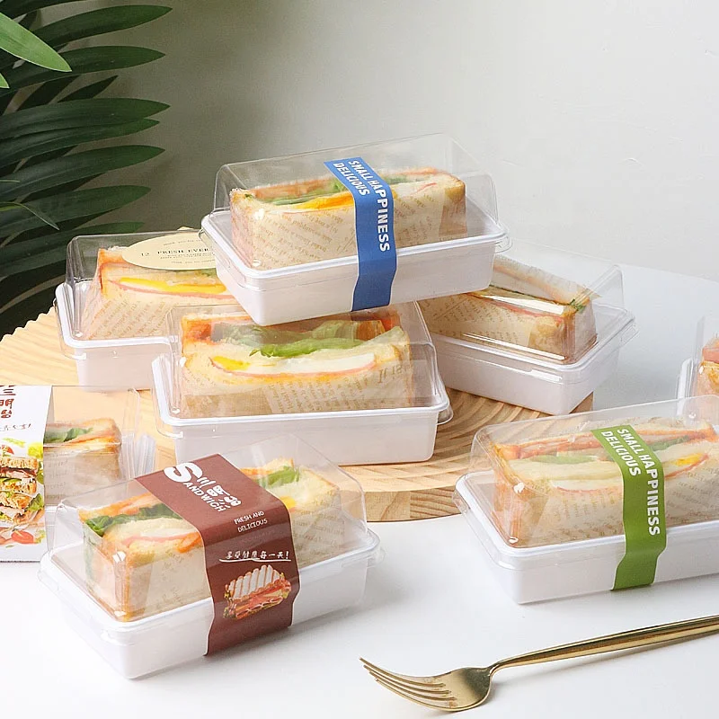 Square Plastic White Sandwich Box with Transparent Lid for Food Packing Food Grade Disposable Sandwich Bread Container