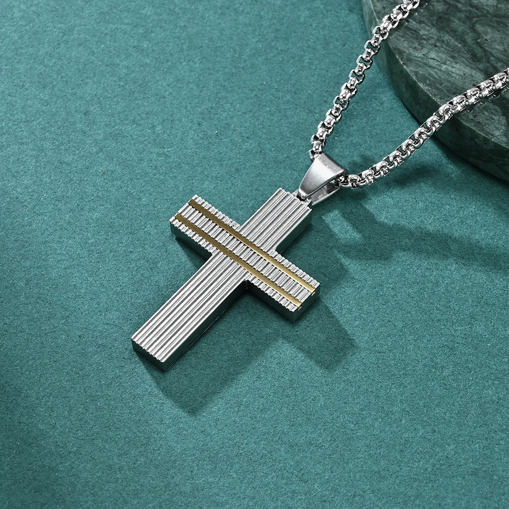 Wholesale Black And Gold Adjustable Box Chains Engraved Brushed Cross Stainless Steel Necklaces Jewelry For Men