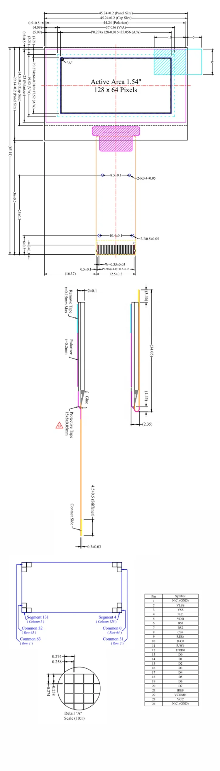 1.54 inch 128x64 pixels IIC SPI Interface oled screen UG-2864KLBMG01 oled display