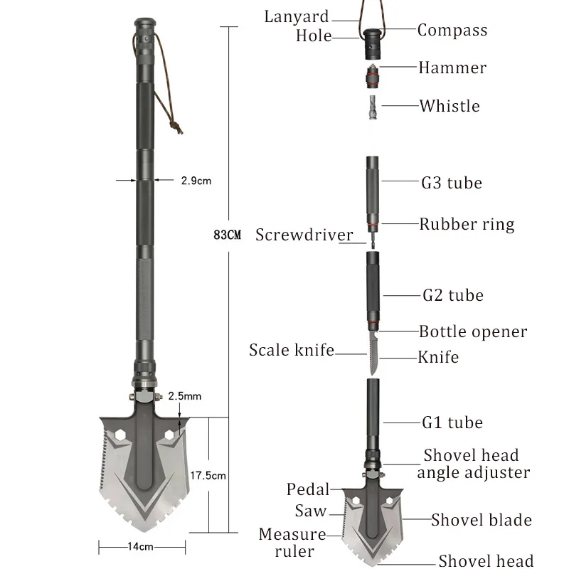 Hot Selling High Carbon Steel Garden Digging Tool Survival Shovel with Knife Screwdriver and Compass